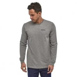 Patagonia Men's Long-Sleeved Text Logo Cotton/Poly Responsibili-Tee® - Gray